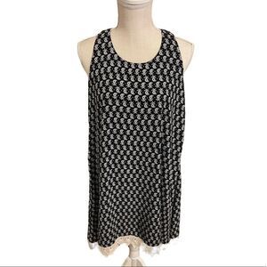 Basil & Lola Boho Crochet Hem Shift Dress with Black & White Floral Print